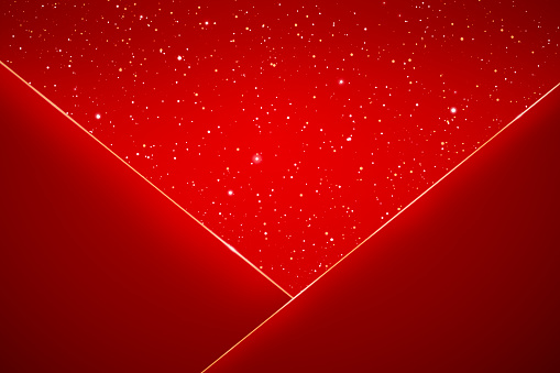 Two red triangles folding in the style of envelope with red sparkling background with copy space.