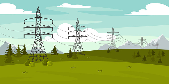 Vector illustration of lines of electricity transfers. Cartoon forest landscape with power line supports, fields, trees on mountain background.