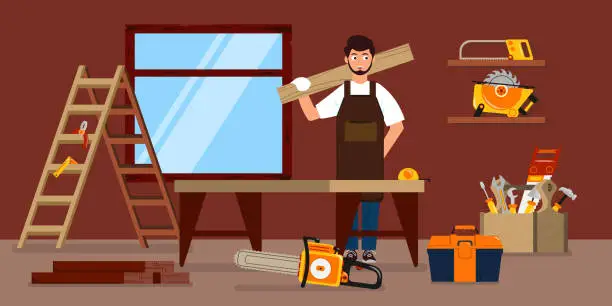 Vector illustration of Vector illustration of interior wooden workshop. Cartoon interior with a carpenter who is holding a log and wants to repair a window, tool shelves, countertop, tool box, chainsaw, ladder.