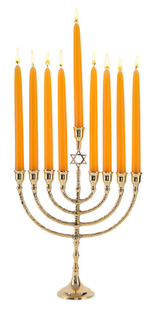 istock Menorah with burning candles isolated on white. Hanukkah symbol 1850494841