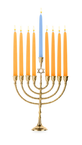 istock Menorah with burning candles isolated on white. Hanukkah symbol 1850494850