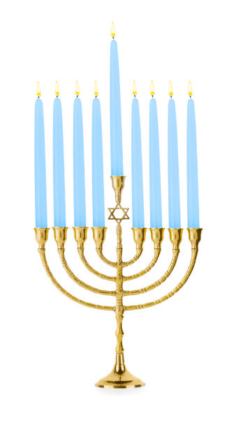 istock Menorah with burning candles isolated on white. Hanukkah symbol 1850495372