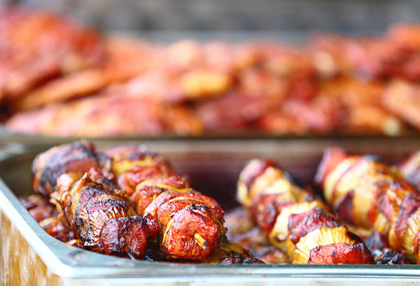 barbecue dinner skewers shish kebab and other meat on BBQ