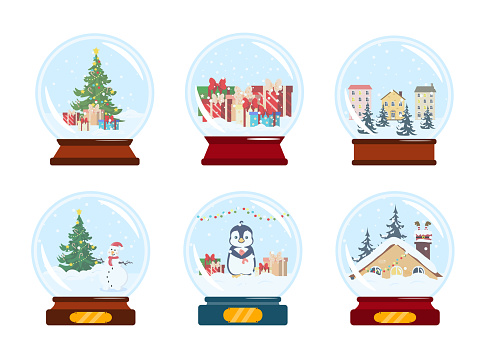 Set of colorful snowballs in cartoon style. Vector illustration of Christmas balls with gifts, Christmas trees, snowman, penguins, houses on white background.