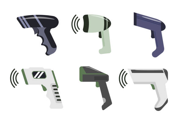 istock Set of modern scanners in cartoon style. Vector illustration of barcode scanners for use in stores and warehouses on white background. 1850500143