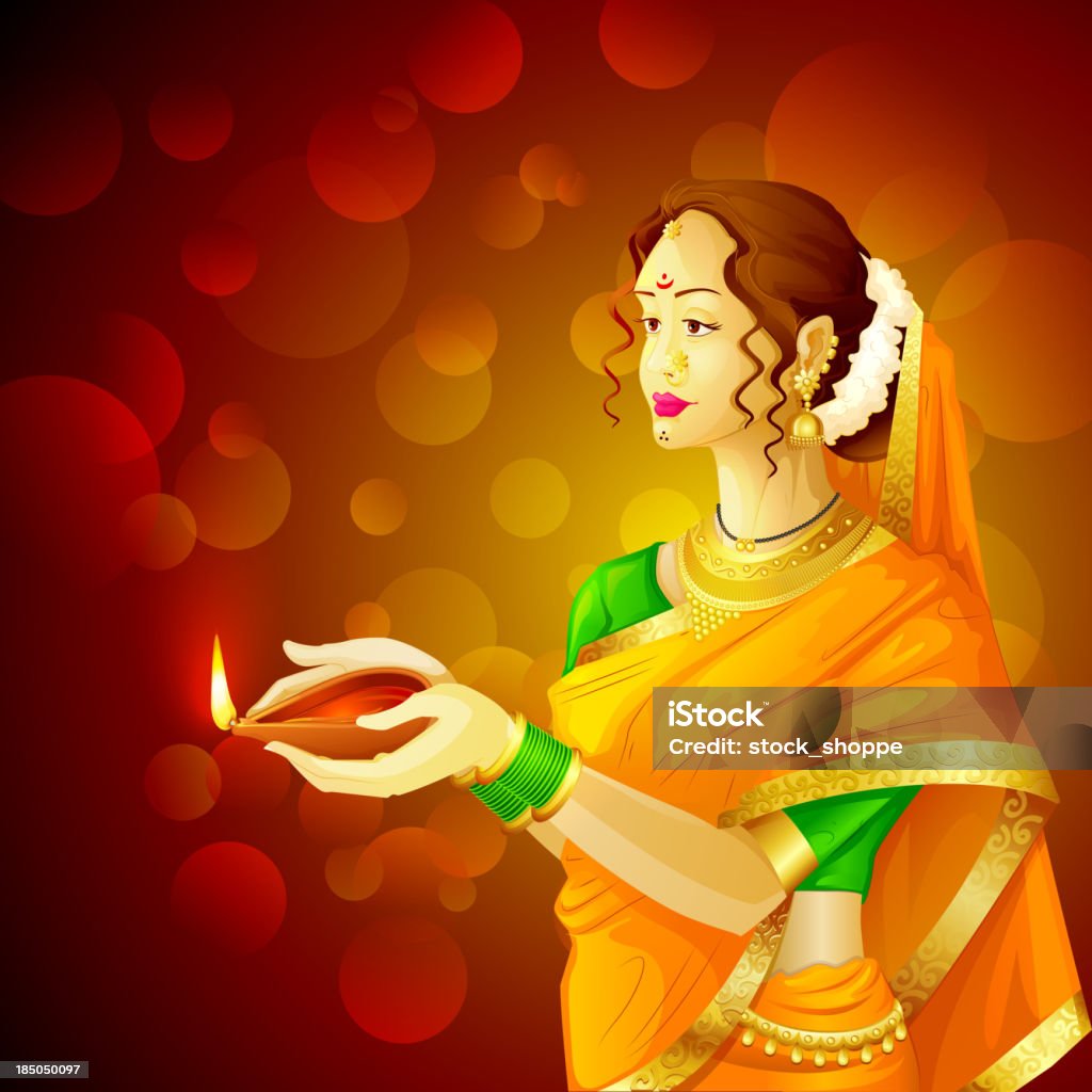 Indian Lady With Diwali Diya Stock Illustration - Download Image ...