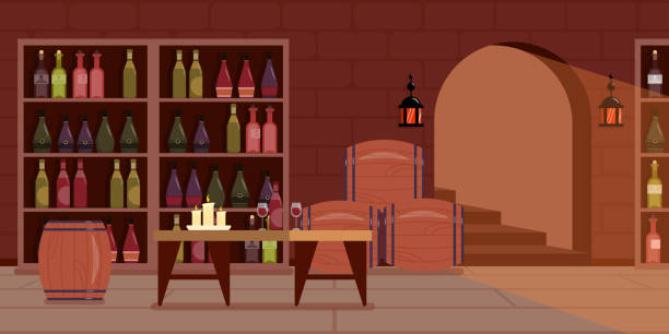 ilustracja wektorowa nowoczesnej piwnicy na wino. wnętrze z kreskówek ze stołem, kieliszkami z winem, świecami, beczkami, półkami z różnymi butelkami wina. - wine cellar wine rack rack stock illustrations