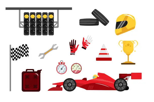 Vector illustration of Set of equipment for riders in cartoon style. Vector illustration of formula 1 car, traffic lights, helmet, gloves, victory cup, finish flag, spare tires, wrench, fuel can on white background.