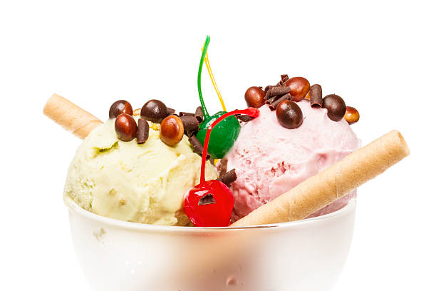 yogurt and chocolate ice cream in a bowl close up