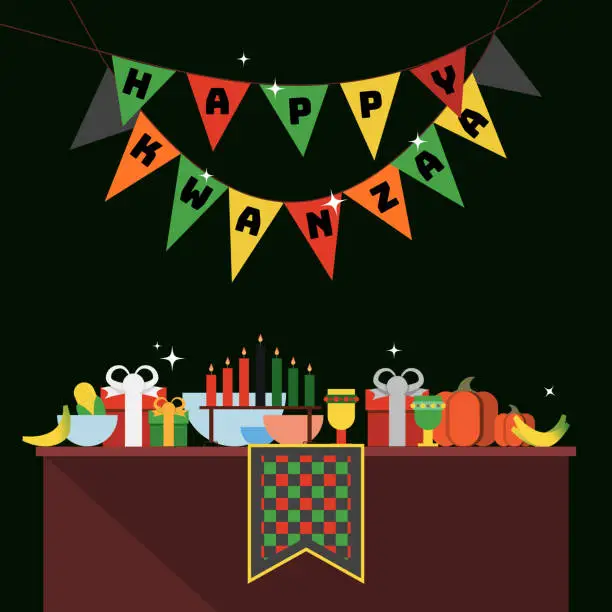 Vector illustration of Kwanzaa Celebration - Happy Kwanzaa Festival - Flat Design Vector Art - Harvest Feast Table - Food & Drink - December Holidays and Celebrations - Square Composition with Happy Kwanzaa Text Pennants