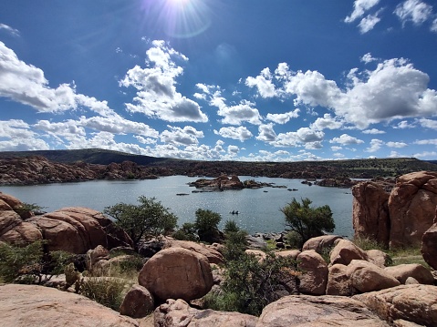 Watson lake in Prescott Arizona with a sunflare