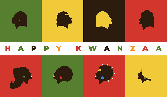 8 Beautiful black women icons with Happy Kwanzaa text.