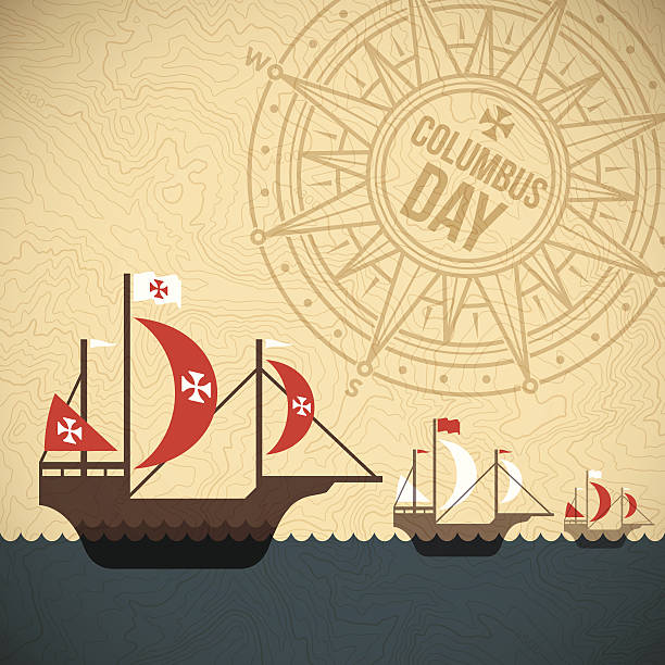 Christopher Columbus Day Columbus Day fleet of ships background concept. EPS 10 file. Transparency effects used on highlight elements. replica santa maria ship stock illustrations