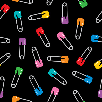 Vector seamless pattern of colorful safety pins on a black square background.
