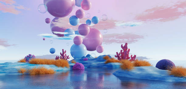 istock 3d Render, Abstract Surreal pastel landscape background with arches and podium for showing product, panoramic view, Colorful dune scene with copy space, blue sky and cloudy, Minimalist decor design 1850556957