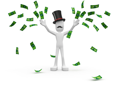 3D illustration of a banker with top hat with arms raised and a cane in his hand standing on top of cash pile and holding a dollar sign in the other hand. Isolated on white.