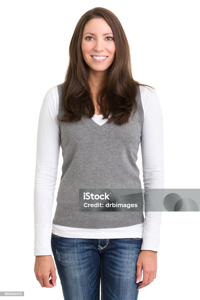 Happy Young Woman Posing Portrait of a young woman on a white background. http://s3.amazonaws.com/drbimages/m/al.jpg Sweater Vest Stock Photo