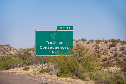 Truth or Consequences road sign on the highway
