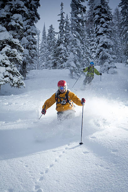 paar skifahrer im pulverschnee - skiing powder snow flash snow stock-fotos und bilder