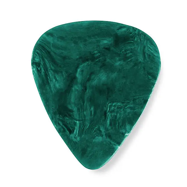 "Photo of a patterned, green, plastic guitar pick/plectrum showing signs of use"