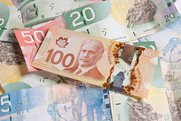 Canadian Currency "Canadian currency of various denominations with the polymer based 100 dollar bill on top, showing Robert Borden.Similar:" canadian currency photos stock pictures, royalty-free photos & images