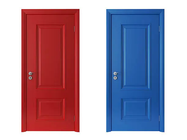 Photo of 3d red and blue doors on white background