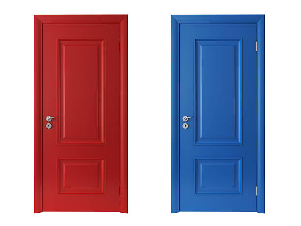 3 d vermelho e azul portas no fundo branco - isolated on white contemporary red white - fotografias e filmes do acervo