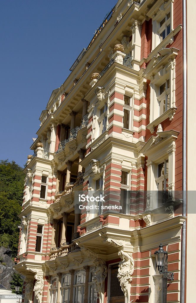 beautiful house in Karlovy Vary "Karlovy Vary is a spa city situated in western Bohemia, Czech Republic, on the confluence of the rivers Ohae and TeplA!, approximately 130 km west of Prague (Praha). It is named after King of Bohemia and Holy Roman Emperor - Charles IV, who founded the city in 1370. It is historically famous for its hot springs (13 main springs, about 300 smaller springs, and the warm-water TeplA! River)." 19th Century Style Stock Photo