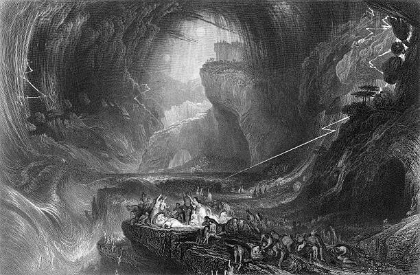 The Deluge (1852), biblical flood (engraved illustration) The Deluge, drawn by J Martin, Engraved by W Miller. Published by Blackie & Son. 1844. This image illustrates the biblical flood. noahs ark stock illustrations