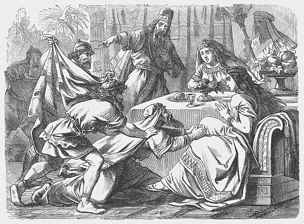 Haman begs Esther for his life (Esther 7), published 1877 Haman begs Esther for his life (Esther, Chapter 7). Woodcut engraving after a drawing by Julius Schnorr von Carolsfeld (German painter, 1794 - 1872), published in 1877. esther bible stock illustrations