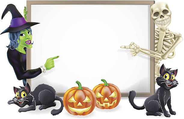 halloween-zeichen mit knochen und hexe - halloween witch domestic cat frame stock-grafiken, -clipart, -cartoons und -symbole