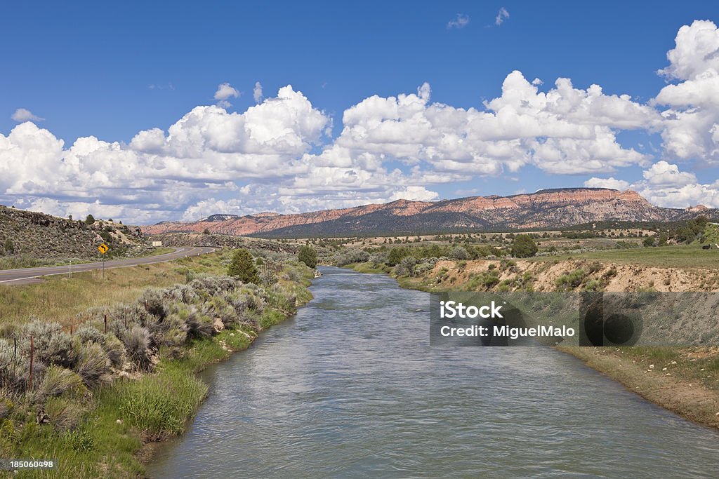 River Scene besides the Road Tranquil River Scene besides the road in Utah Asphalt Stock Photo