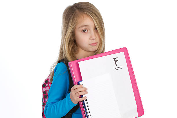 failing grade school concept "little girl with bad grade, isolated on white background" report card stock pictures, royalty-free photos & images