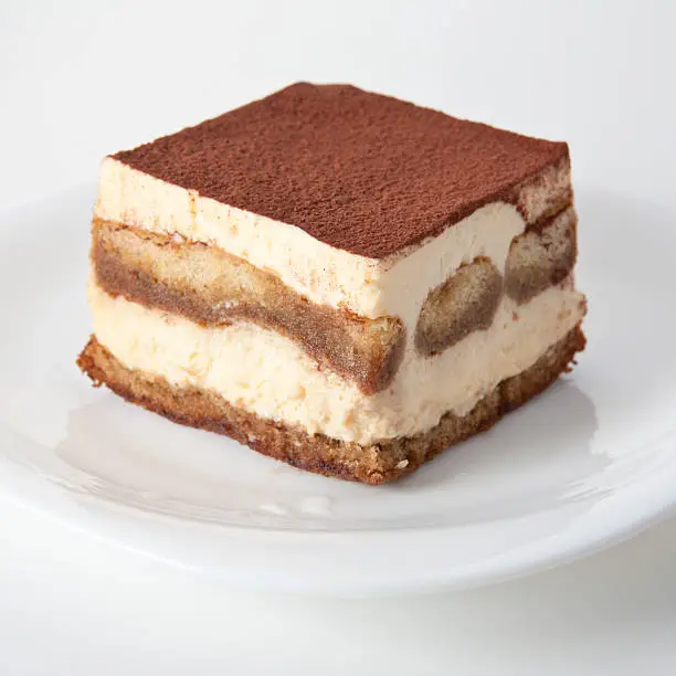 tiramisu pastry on white plate