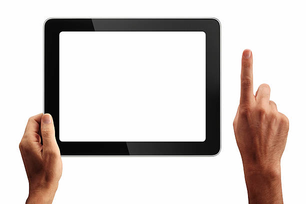 digital tablet e mani con quattro percorsi di clip - human finger human hand pointing isolated foto e immagini stock