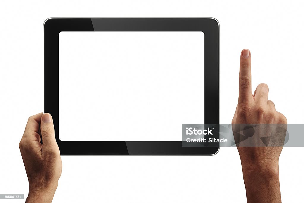 Tablet Digital e mãos com quatro pistas de recorte - Foto de stock de Mesa digital royalty-free