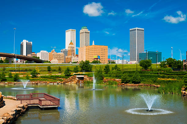 Tulsa skyline, pond, and fountains