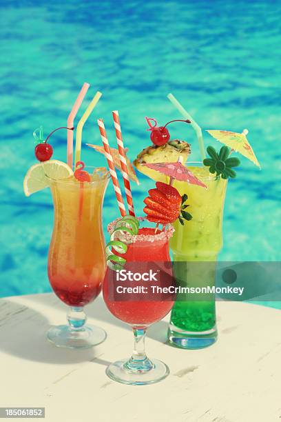 Trio Of Vintage Tropical Cocktails Stock Photo - Download Image Now - Cocktail, Umbrella, Drink