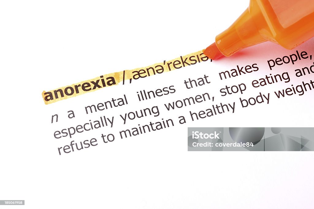 Anorexia Word Definition 'Anorexia' dictionary word definition highlighted in orange. Eating Disorder Stock Photo