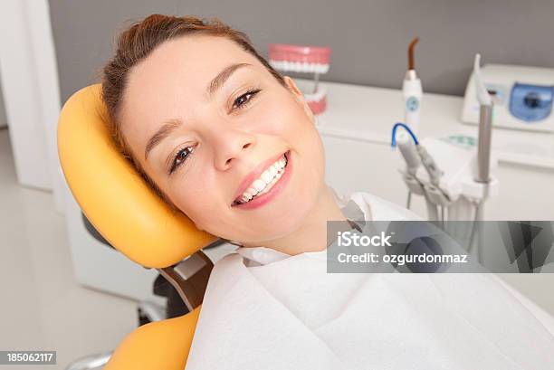 Jovem Mulher Sentada Na Cadeira De Dentista - Fotografias de stock e mais imagens de 20-29 Anos - 20-29 Anos, Adulto, Autoconfiança