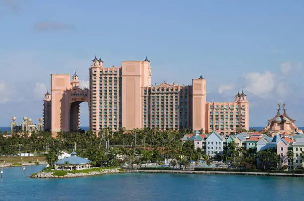 "Large modern hotel and new development of old-style buildings, Paradise Island, Bahamas."