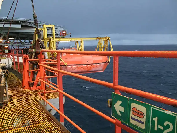 The life boats on a semisubmersible oil rig