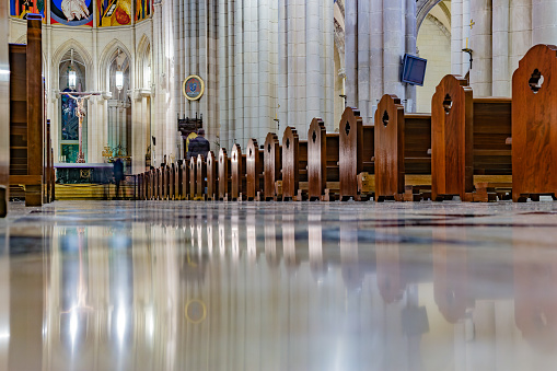 Almudena Cathedral, Madrid, Spain. Low-angle view of the aisle in Almudena Cathedral.