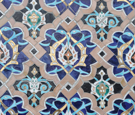 Ceramic square  tiles with small ornamental mosaic pieces. Old tiles abstract pattern, background
