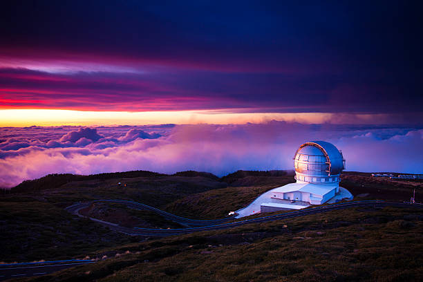 Observatory at sunset Telescopes on Roque de los Muchachos in la palma canary islands at sunset. observatory photos stock pictures, royalty-free photos & images