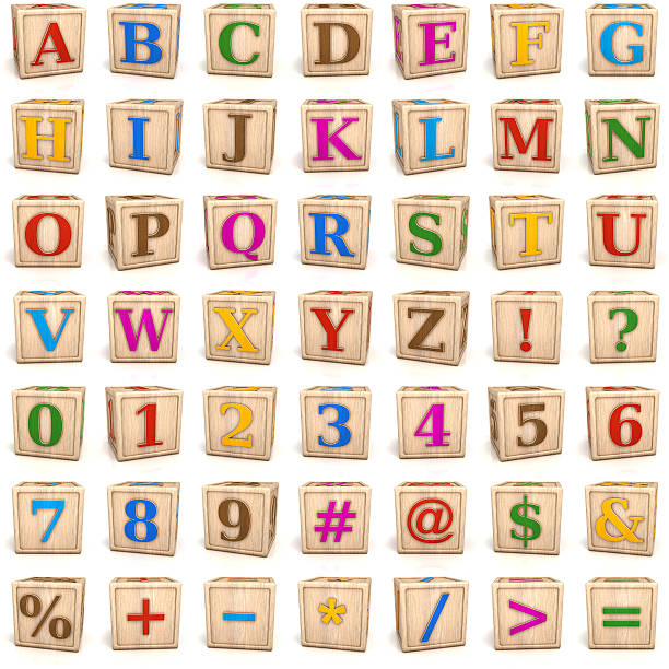 Alphabet blocks letters and numbers "Alphabet letters ,baby toys, wooden blocks.Digitally generated image. Each block is isolated on white background." alphabetical order photos stock pictures, royalty-free photos & images