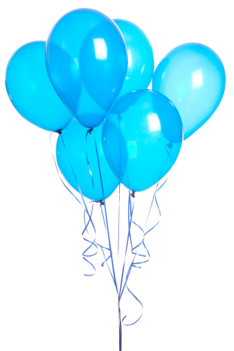 Bunch of blue helium balloons isolated on white background.
