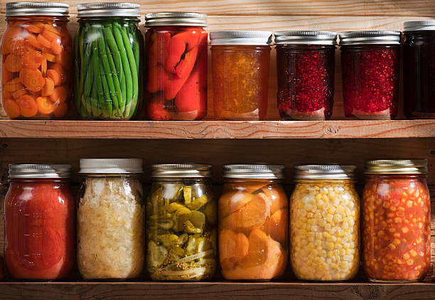 Home Canning, Preserving, Pickling Food Stored on Wooden Storage Shelves Subject: Two wooden shelves holding a variety of canned vegetables and fruits, lined up in rows of glass jars. Food staples canned include jellies, sauces, or slices of carrots, green beans, tomatoes, corn, sweet potatoes, sauerkraut, roasted red peppers, dill pickles, raspberry jam, orange marmalade, grape jelly, and a tomato and corn soup. pickle stock pictures, royalty-free photos & images