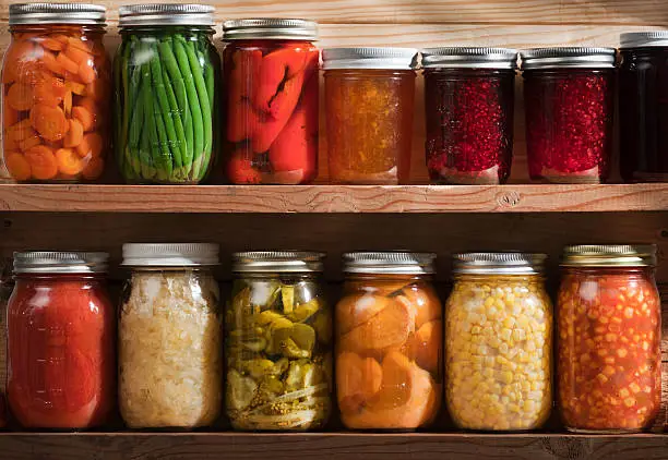 Subject: Two wooden shelves holding a variety of canned vegetables and fruits, lined up in rows of glass jars. Food staples canned include jellies, sauces, or slices of carrots, green beans, tomatoes, corn, sweet potatoes, sauerkraut, roasted red peppers, dill pickles, raspberry jam, orange marmalade, grape jelly, and a tomato and corn soup.