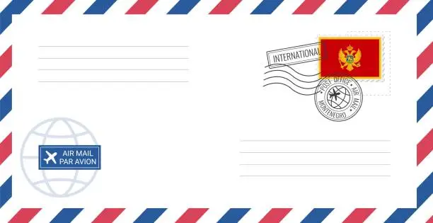 Vector illustration of Blank air mail envelope with Montenegro postage stamp. Postcard vector illustration with Montenegrin national flag isolated on white background.